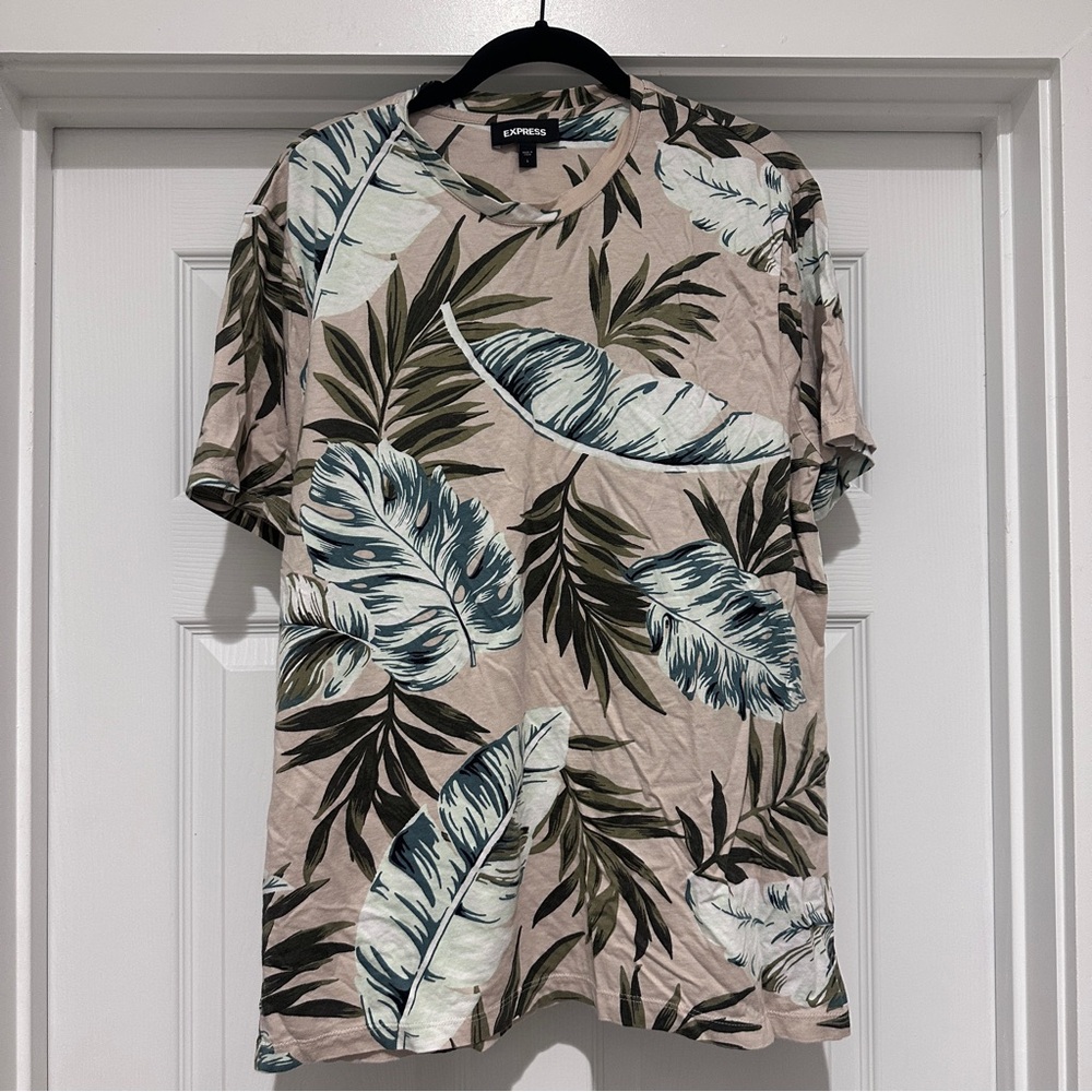 Express Men's Leaf Print Shirt - Beige and Green